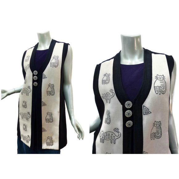 MEOW Plus Size Vintage Handwoven Cats Duster Vest
